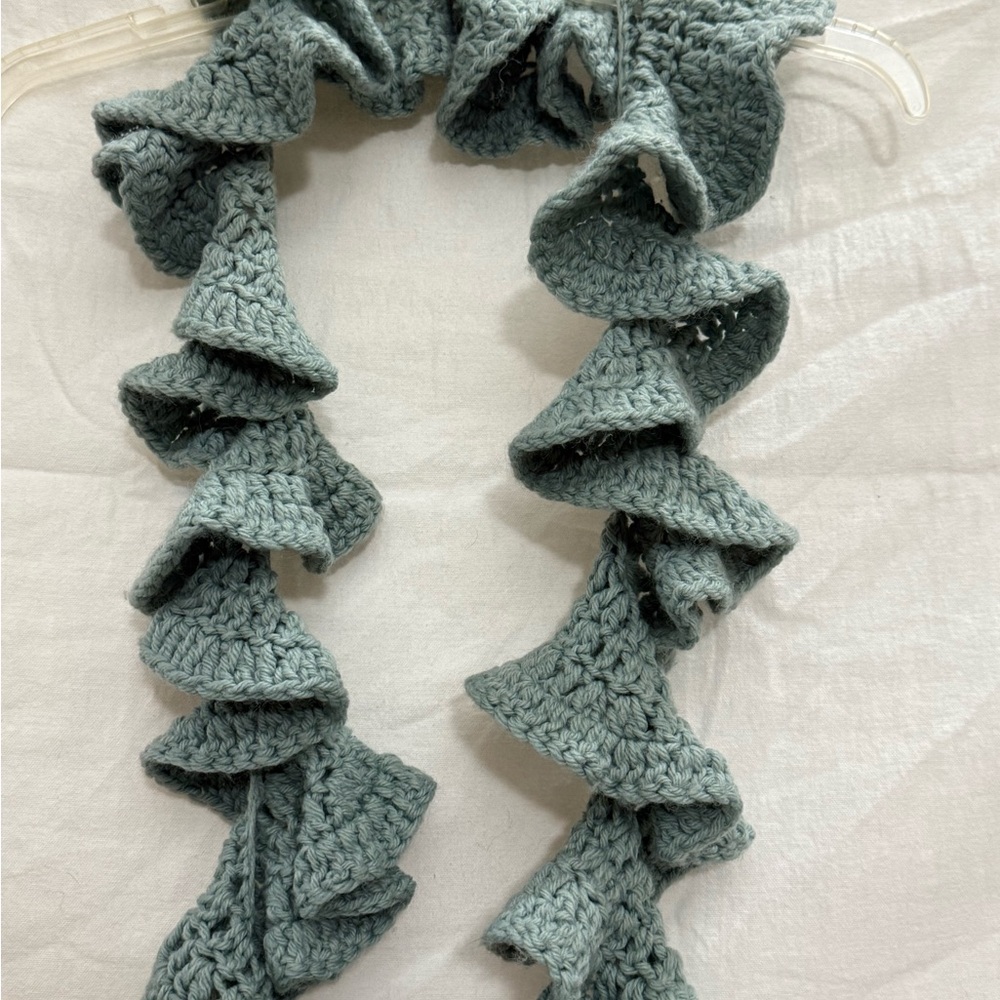 Handmade Crochet Ruffle Scarf Soft Teal Layered Winter Statement Accessory OOAK
